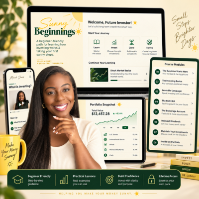 Sunny Beginnings investing course shown on a tablet screen